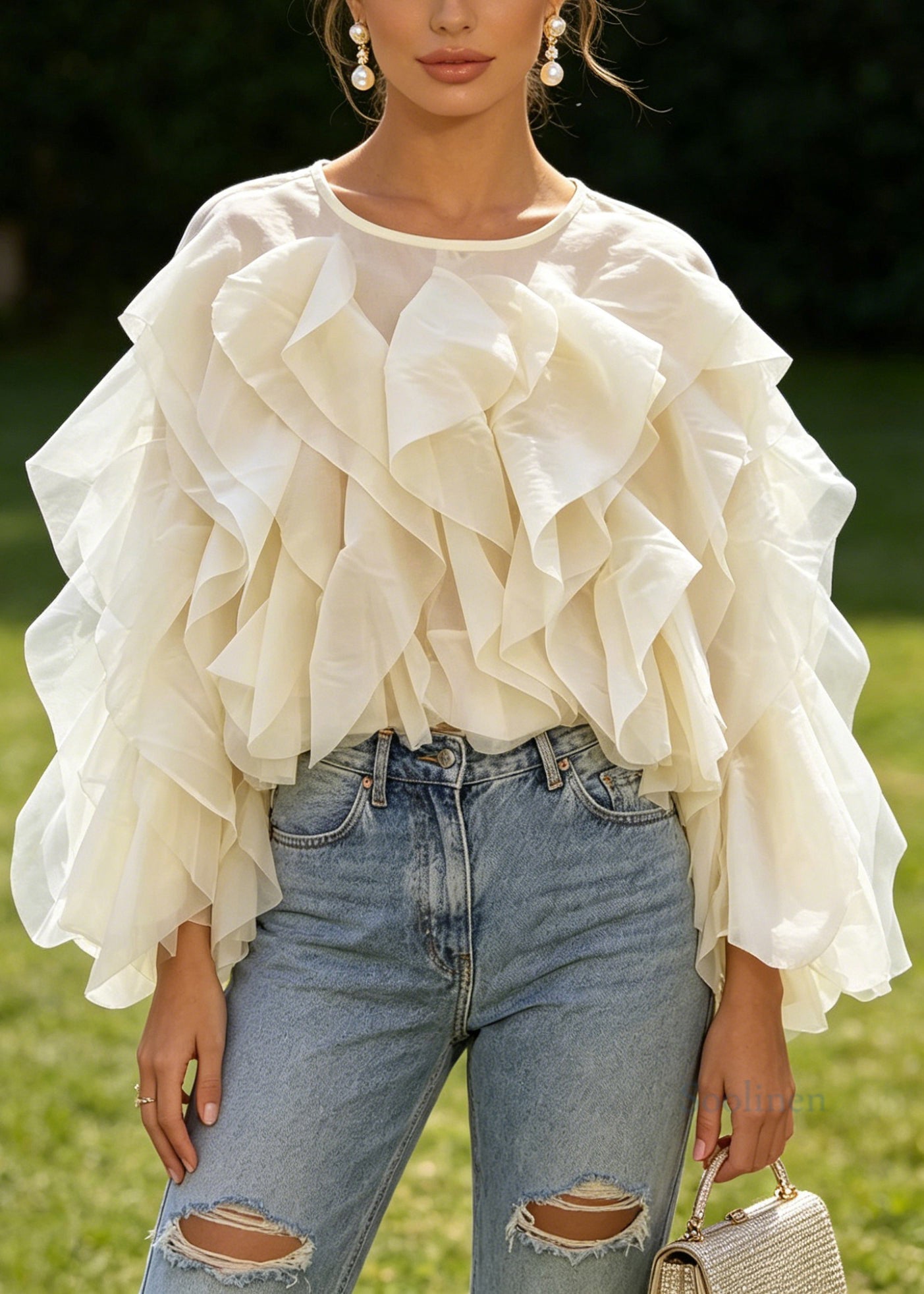 Boutique Apricot O Neck Ruffled Patchwork Chiffon Top Long Sleeve