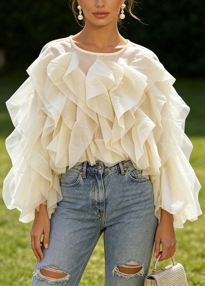 Boutique Apricot O Neck Ruffled Patchwork Chiffon Top Long Sleeve
