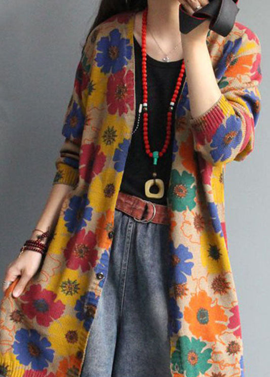 Boutique Apricot V-Ausschnitt Print Button Herbst Strickjacke Langarm