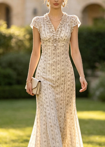 Boutique Apricot V Neck Ruffled Print Cotton Maxi Dresses Summer