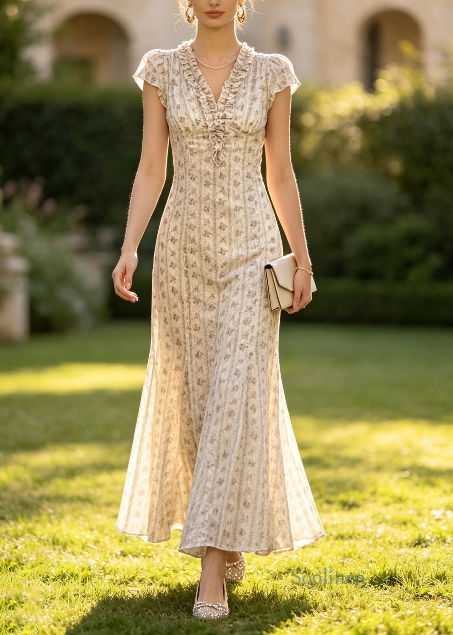 Boutique Apricot V Neck Ruffled Print Cotton Maxi Dresses Summer