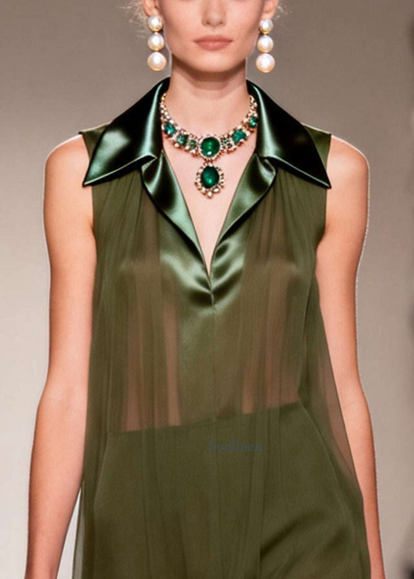 Boutique Army Green Peter Pan Collar Patchwork Chiffon Vacation Dress Sleeveless