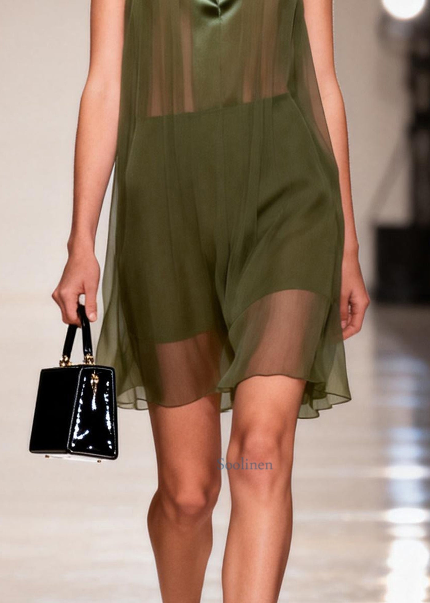 Boutique Army Green Peter Pan Collar Patchwork Chiffon Vacation Dress Sleeveless