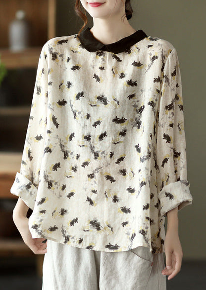 Camisa de ramio con cuello Peter Pan beige boutique primavera