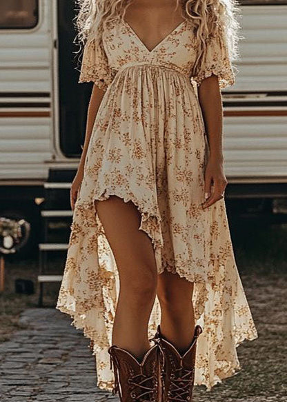 Boutique Beige Print V Neck Asymmetrical Design Dresses Summer
