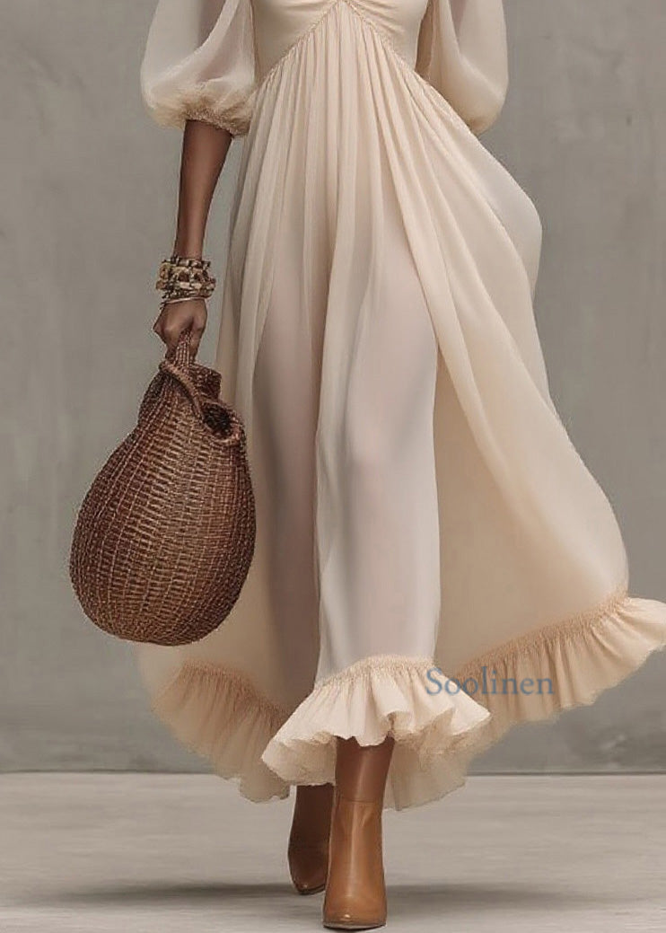 Boutique Beige Ruffled Puff Sleeve Patchwork Chiffon Dresses