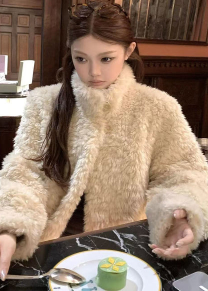 Boutique Beige Stand Collar Button Faux Fur Coat Winter