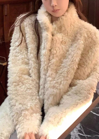 Boutique Beige Stand Collar Button Faux Fur Coat Winter