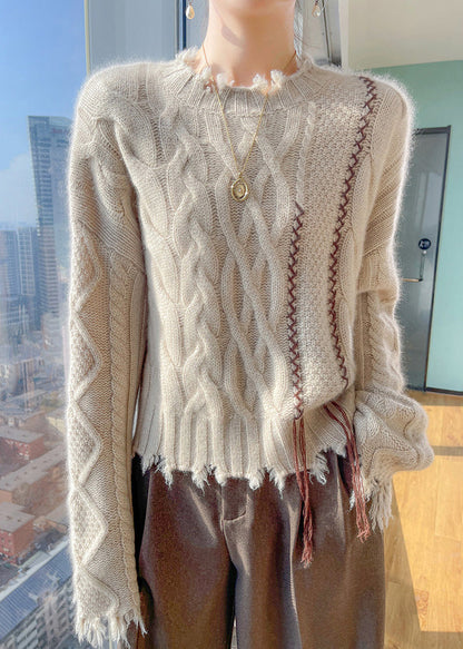Beige Stehkragen-Strickpullover aus Baumwolle, Frühlingskollektion