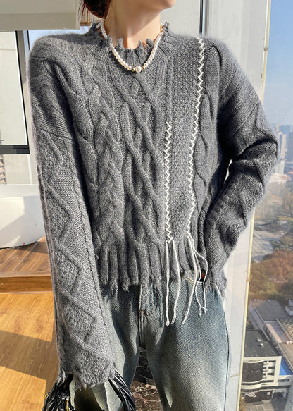 Beige Stehkragen-Strickpullover aus Baumwolle, Frühlingskollektion