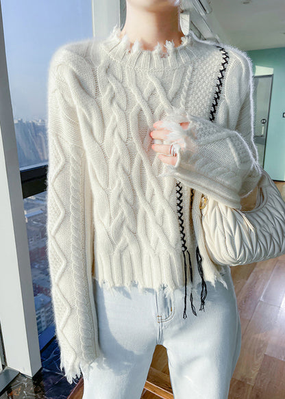 Beige Stehkragen-Strickpullover aus Baumwolle, Frühlingskollektion