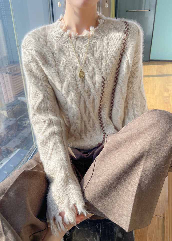 Beige Stehkragen-Strickpullover aus Baumwolle, Frühlingskollektion