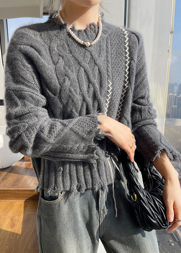 Beige Stehkragen-Strickpullover aus Baumwolle, Frühlingskollektion