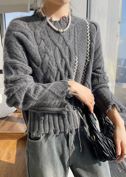 Beige Stehkragen-Strickpullover aus Baumwolle, Frühlingskollektion