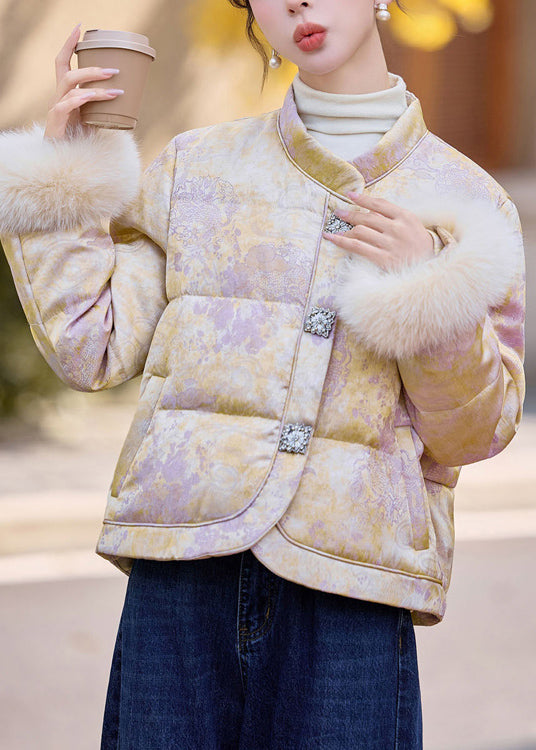 Chaqueta de plumón de pato con patchwork de piel y cuello alto beige de Boutique para invierno