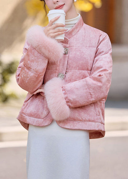 Chaqueta de plumón de pato con patchwork de piel y cuello alto beige de Boutique para invierno