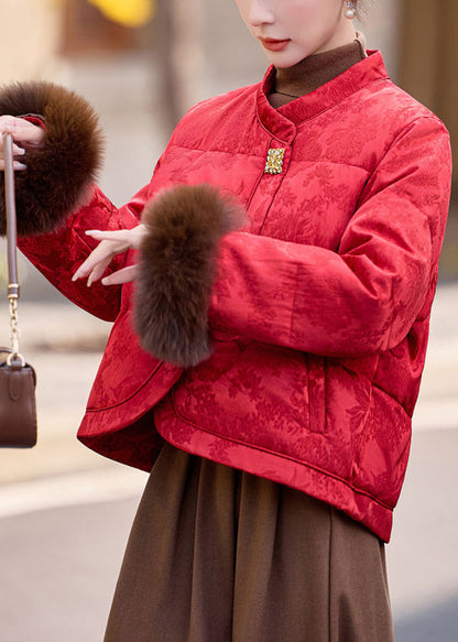 Chaqueta de plumón de pato con patchwork de piel y cuello alto beige de Boutique para invierno