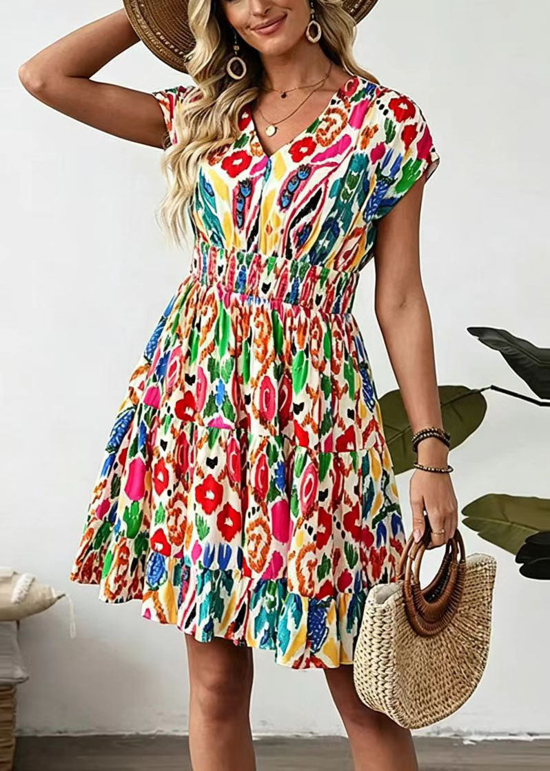 Boutique Beige V Neck Print High Waist Cotton Mid Dress Summer