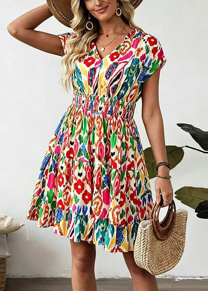Boutique Beige V Neck Print High Waist Cotton Mid Dress Summer