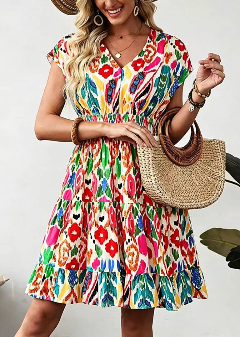 Boutique Beige V Neck Print High Waist Cotton Mid Dress Summer