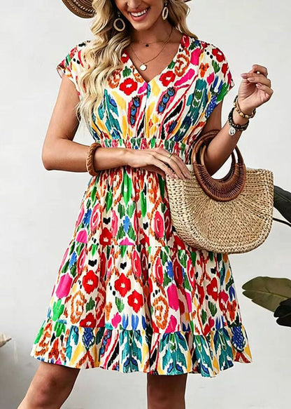 Boutique Beige V Neck Print High Waist Cotton Mid Dress Summer