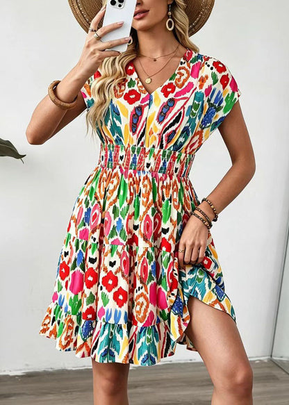 Boutique Beige V Neck Print High Waist Cotton Mid Dress Summer