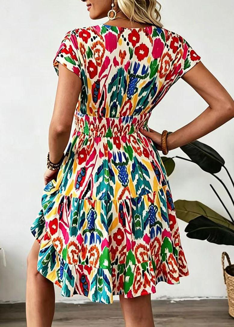 Boutique Beige V Neck Print High Waist Cotton Mid Dress Summer