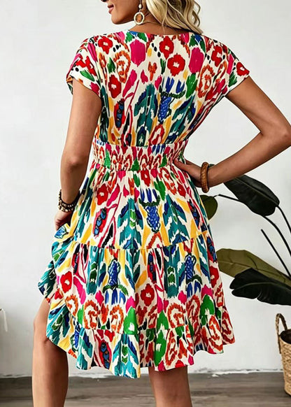 Boutique Beige V Neck Print High Waist Cotton Mid Dress Summer