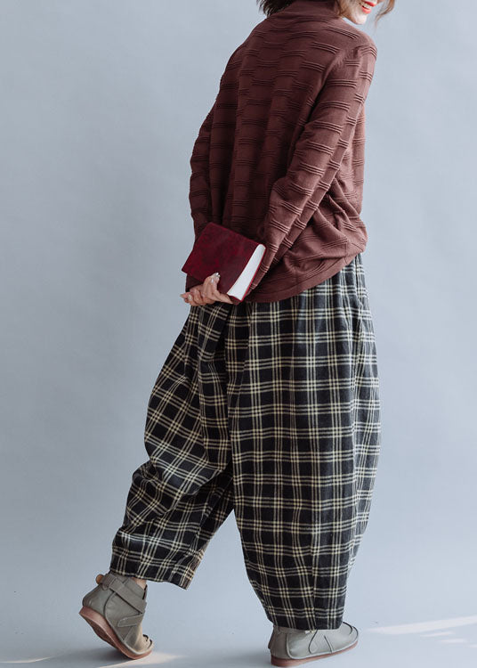 Boutique Beige elastische Taille Plaid Baumwolle Hose Frühling