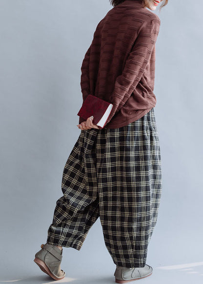 Boutique Beige elastische Taille Plaid Baumwolle Hose Frühling