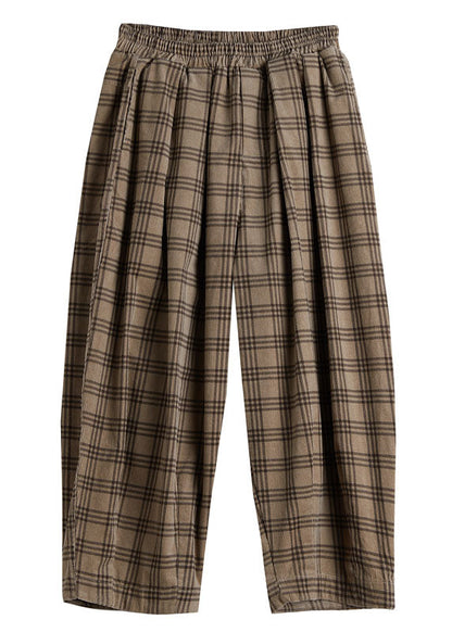 Boutique Beige elastische Taille Plaid Baumwolle Hose Frühling