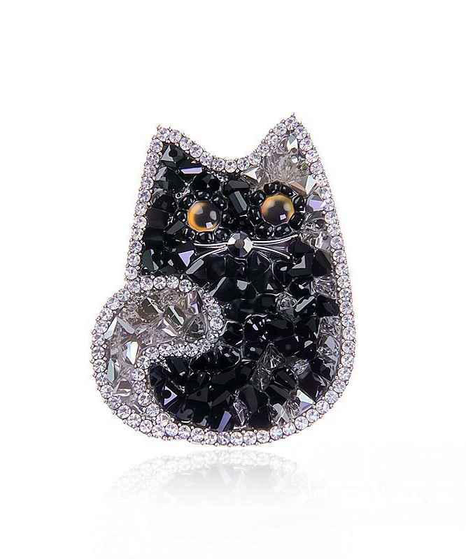 Boutique Black Alloy Crystal Zircon Cat Brooches