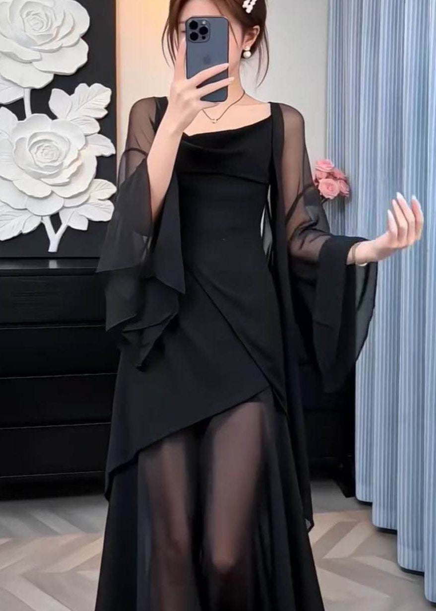 Boutique Black Asymmetrical Design Chiffon Two Pieces Set Summer