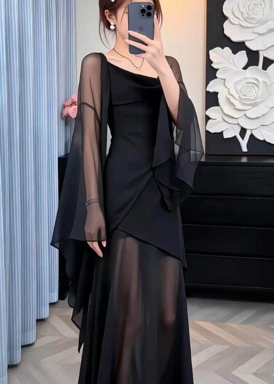 Boutique Black Asymmetrical Design Chiffon Two Pieces Set Summer