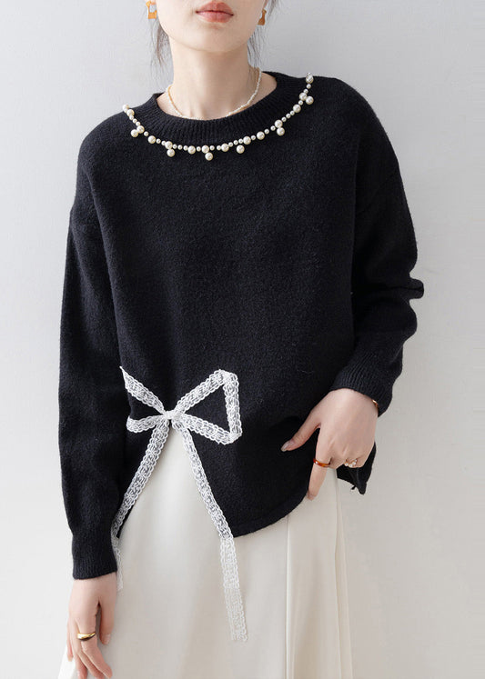 Boutique Black Bow Nail Bead Knit Pullover Winter