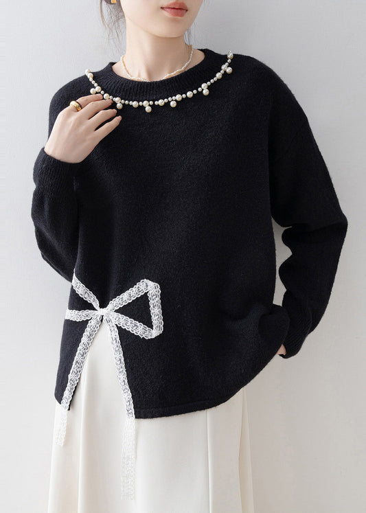 Boutique Black Bow Nail Bead Knit Pullover Winter