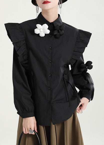 Boutique Schwarzes Hemd mit Schmetterlingsärmeln und Peter-Pan-Kragen und Blumenmuster