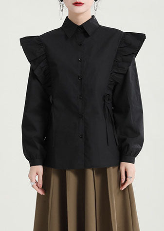 Boutique Schwarzes Hemd mit Schmetterlingsärmeln und Peter-Pan-Kragen und Blumenmuster