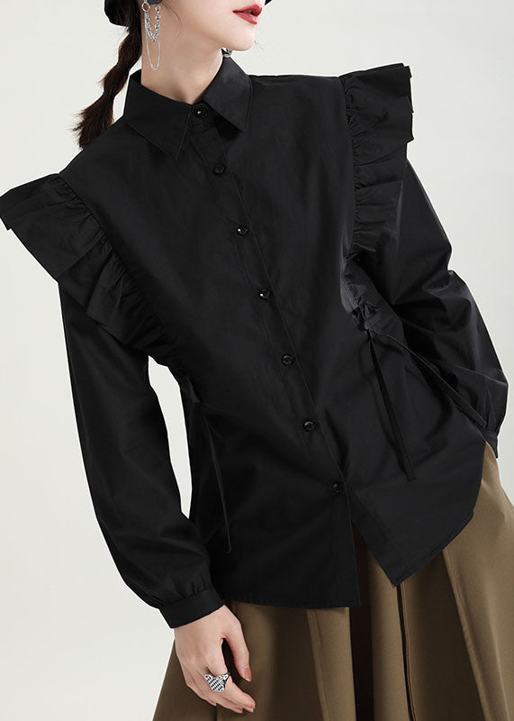 Boutique Schwarzes Hemd mit Schmetterlingsärmeln und Peter-Pan-Kragen und Blumenmuster