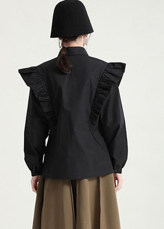 Boutique Schwarzes Hemd mit Schmetterlingsärmeln und Peter-Pan-Kragen und Blumenmuster