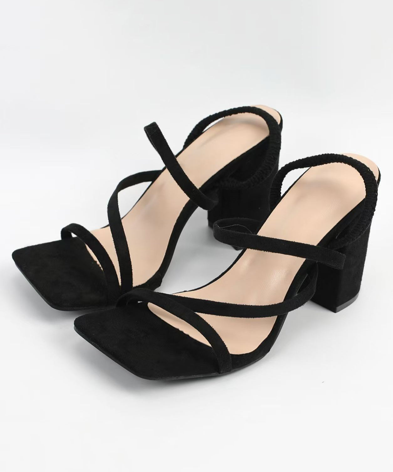 Boutique Black Cross Strap Peep Toe Suede Chunky Sandals