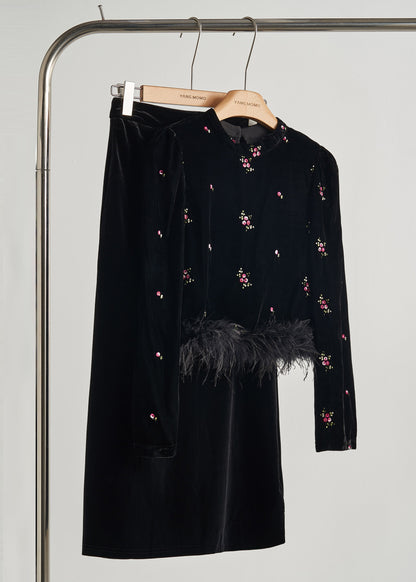 Blusas de terciopelo de seda con plumas y patchwork bordado negro de boutique para primavera