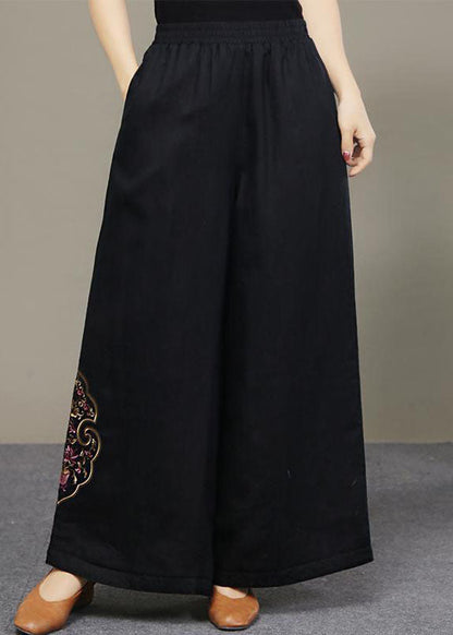 Boutique Schwarze bestickte Taschen Leinenhose Frühling