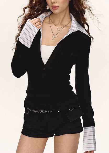 Boutique Schwarzes zweiteiliges Patchwork-Baumwoll-T-Shirt-Top für den Frühling