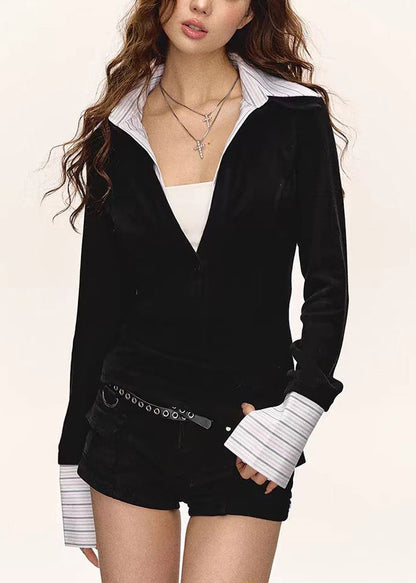 Boutique Schwarzes zweiteiliges Patchwork-Baumwoll-T-Shirt-Top für den Frühling