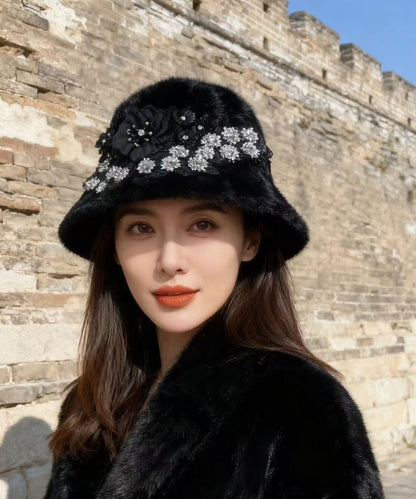 Boutique Black Floral Zircon Mink Hair Bucket Hat