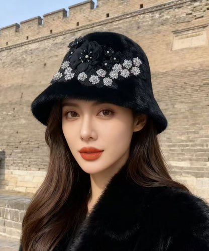 Boutique Black Floral Zircon Mink Hair Bucket Hat