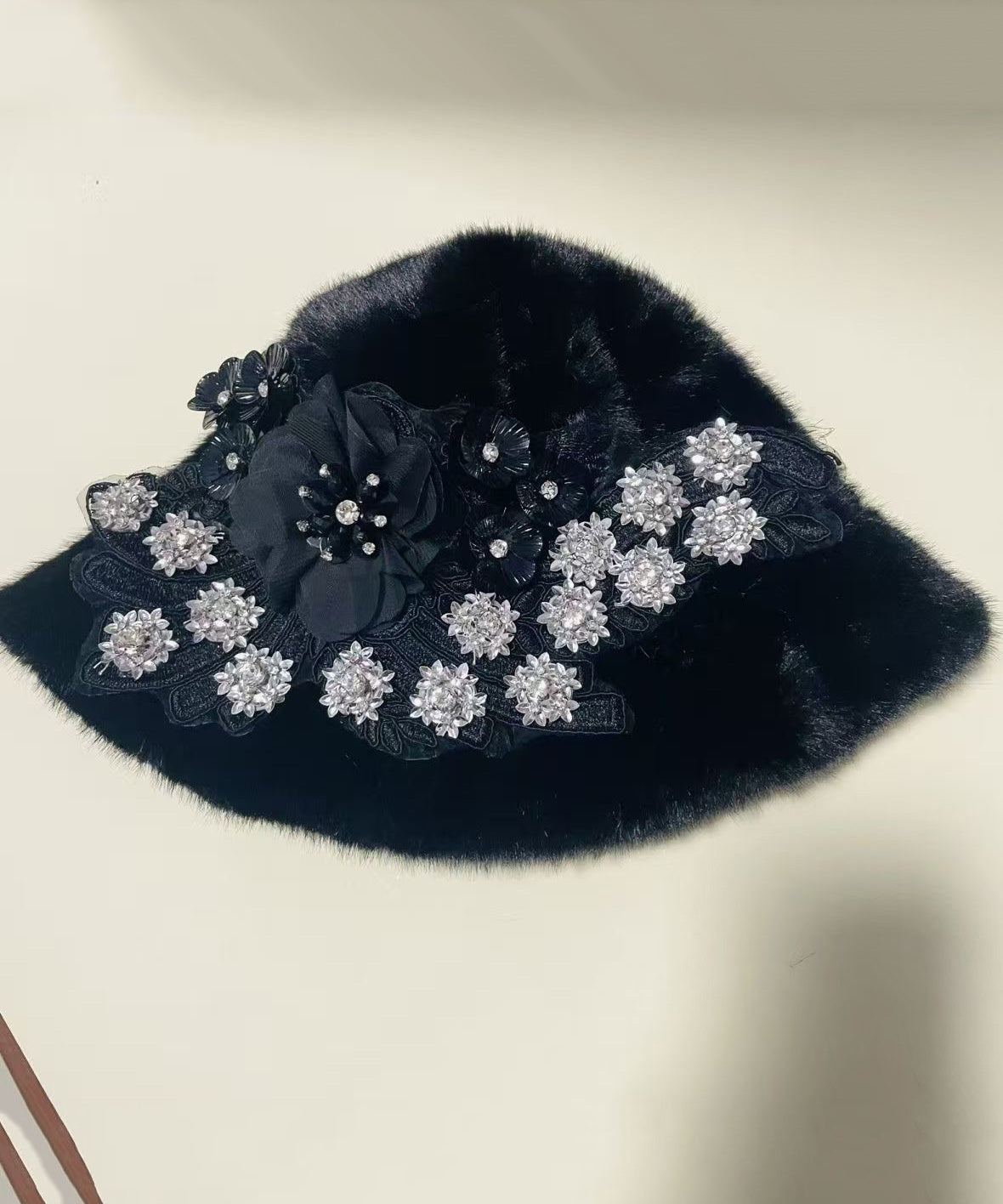 Boutique Black Floral Zircon Mink Hair Bucket Hat