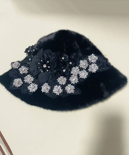Boutique Black Floral Zircon Mink Hair Bucket Hat
