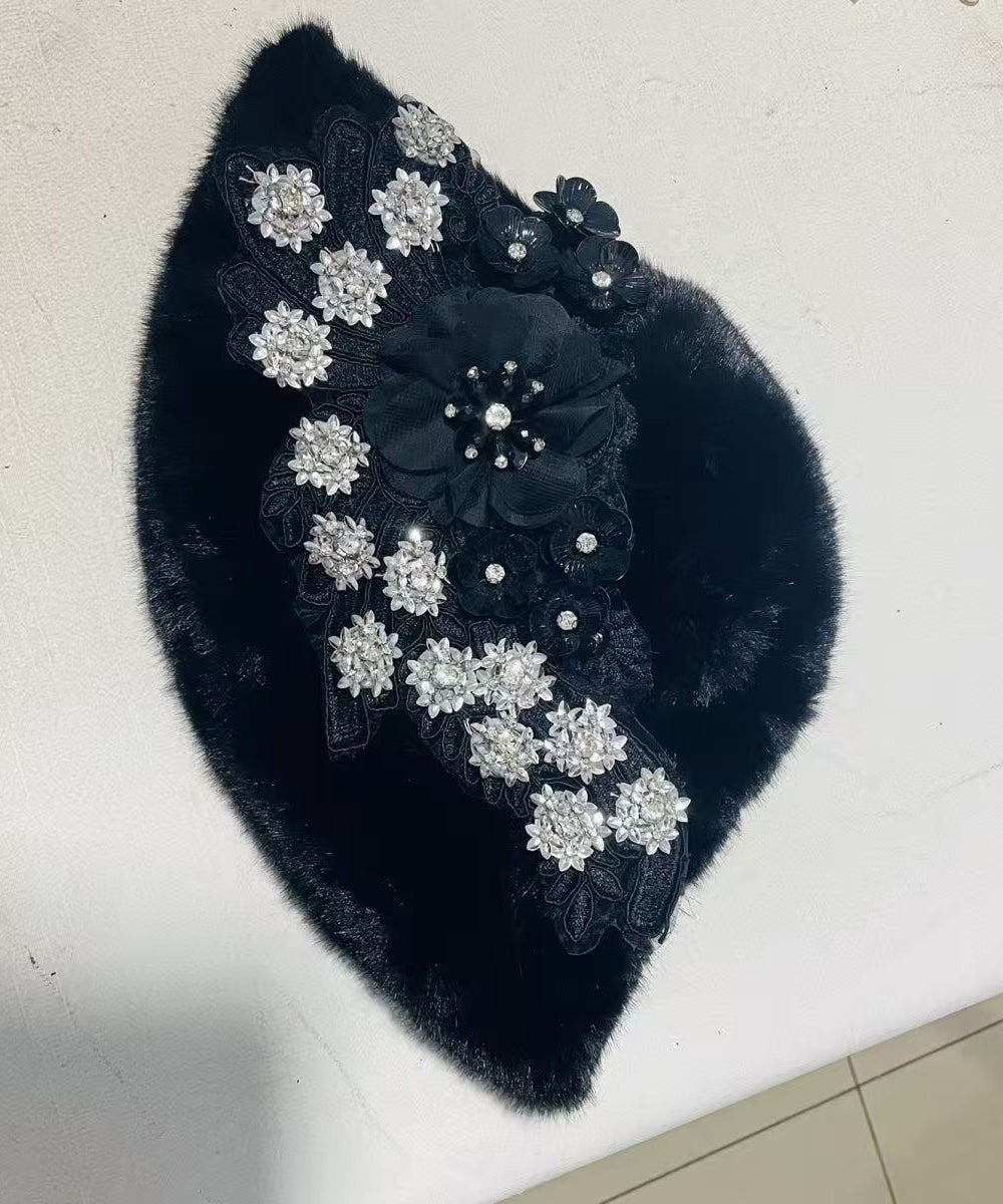 Boutique Black Floral Zircon Mink Hair Bucket Hat